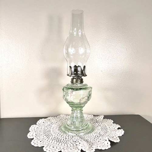 Green glass oil lamp with - glass,